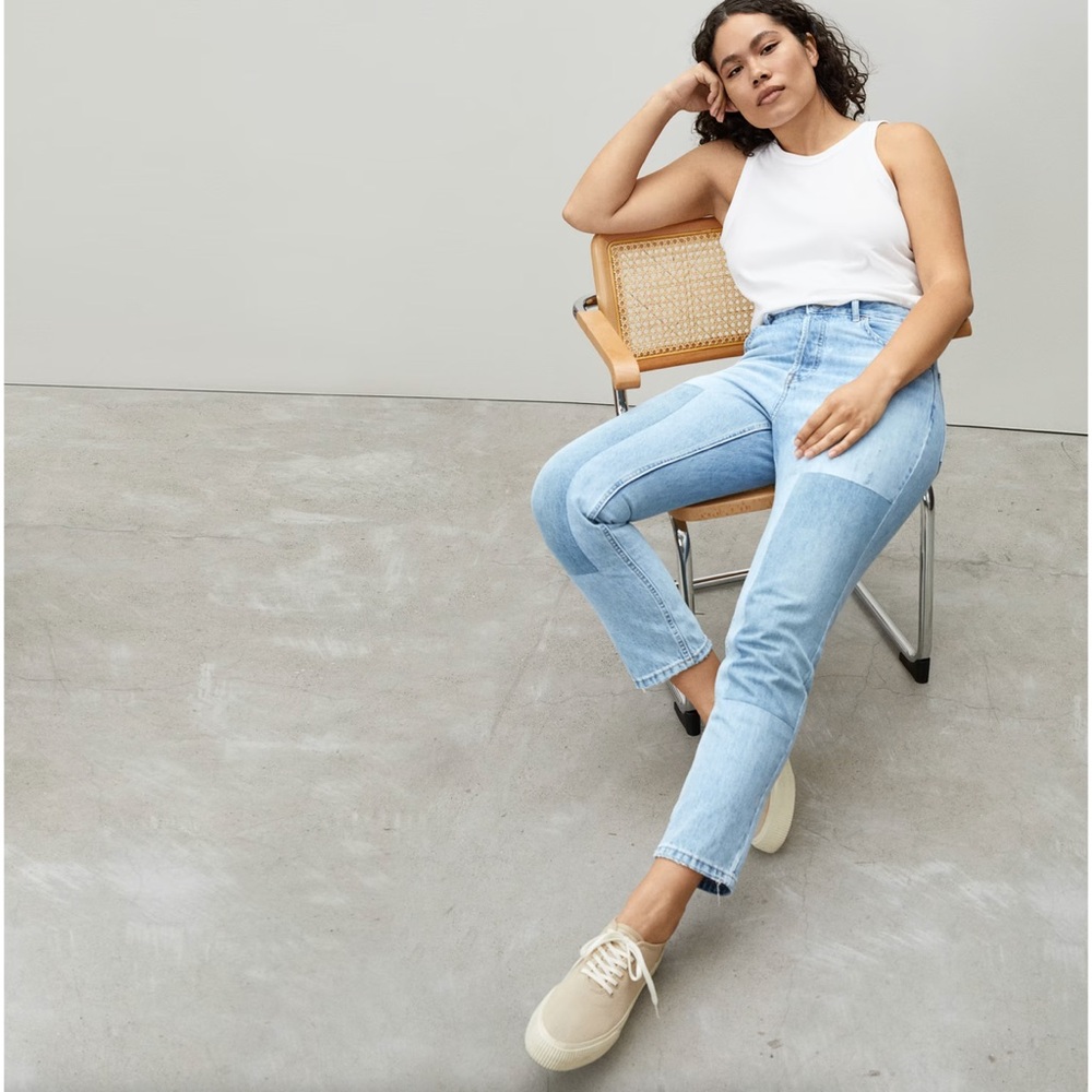 EVERLANE The Curvy 90's Cheeky Straight Jean Patched Blue size 27